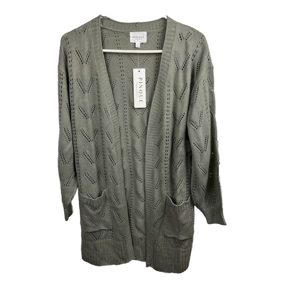 Pinque Cardigan Sweater Womens Small Sage Olive Green Pockets Open Front - Picture 1 of 8